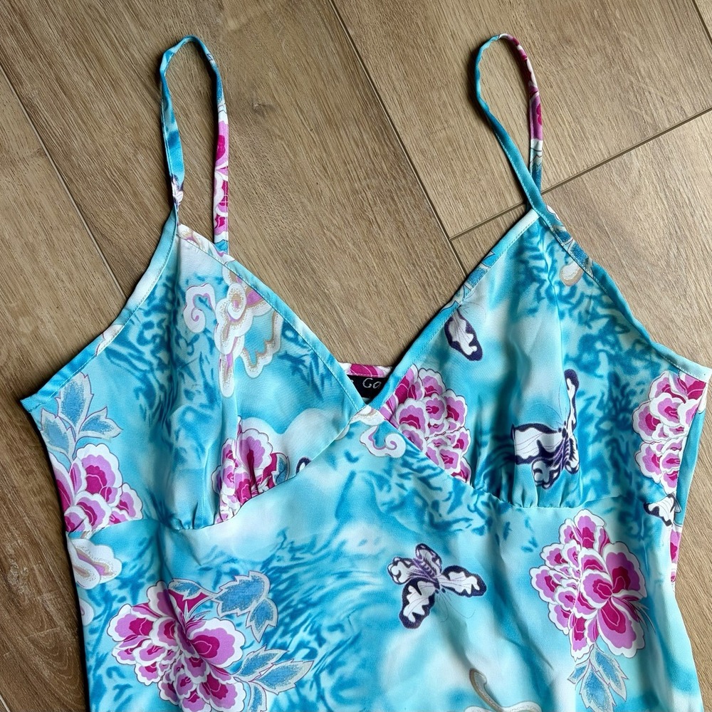 Mlle Gabrielle Y2K Tropical Ruffle Midi Slip Dress Blue Floral Butterfly Size 8 - Picture 4 of 8